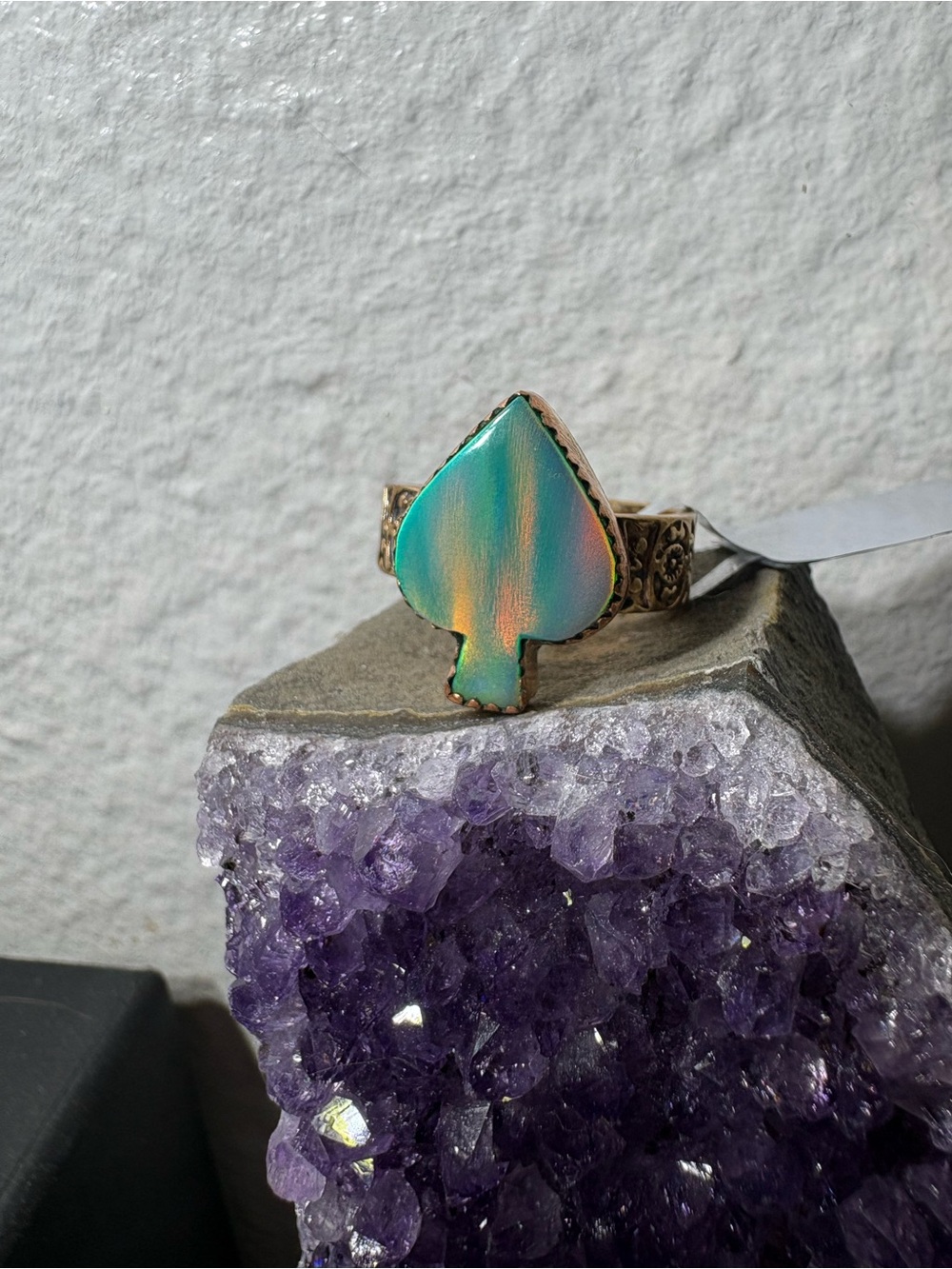 Spade-Shape Aurora  Stone Adjustable Copper Ring